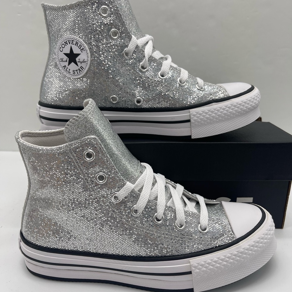 Converse CTAS EVA LIFT HI Chuck Taylor All Star High Top Sneakers Silver Glitter